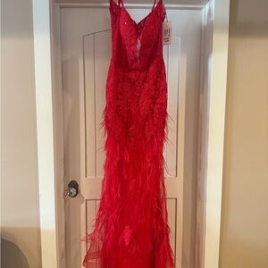 Elegant Red Feathered Prom Dress